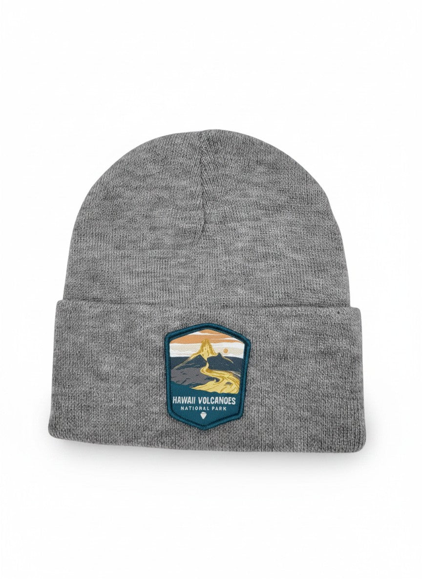 Moove Headwear grey knit beanie with Hawaii Volcanoes National Park patch