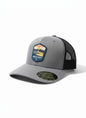 Moove Headwear grey trucker hat with Hawaii Volcanoes National Park logo patch and black mesh back. Adjustable strap.