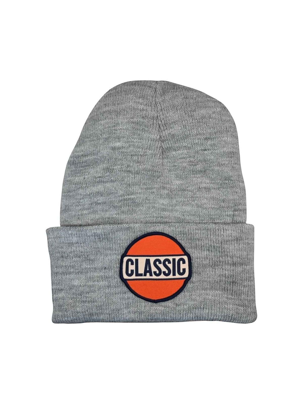 Moove Headwear heather gray knit beanie with a retro orange and navy patch that says CLASSIC.