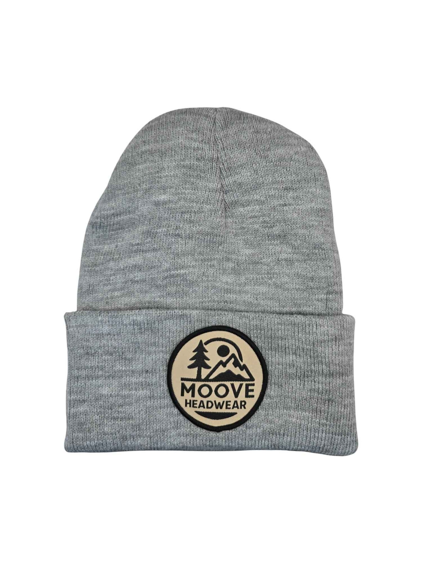 Moove Headwear heather gray knit beanie with fold-over cuff and circular mountain logo patch.