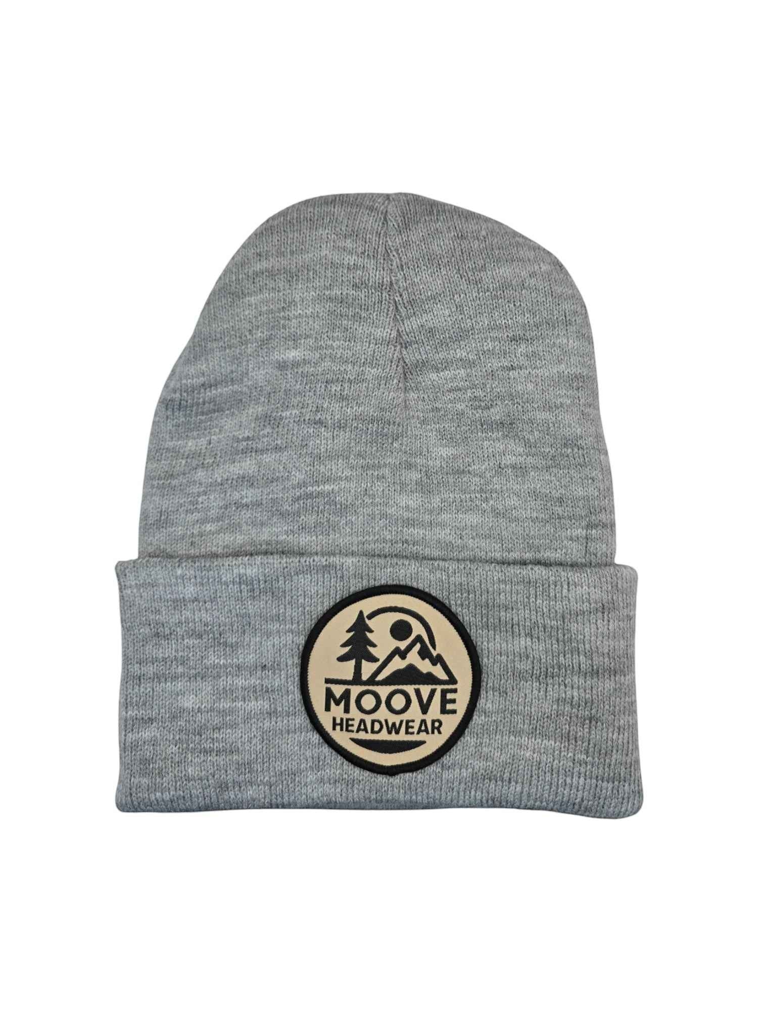 Moove Headwear heather gray knit beanie with fold-over cuff and circular mountain logo patch.