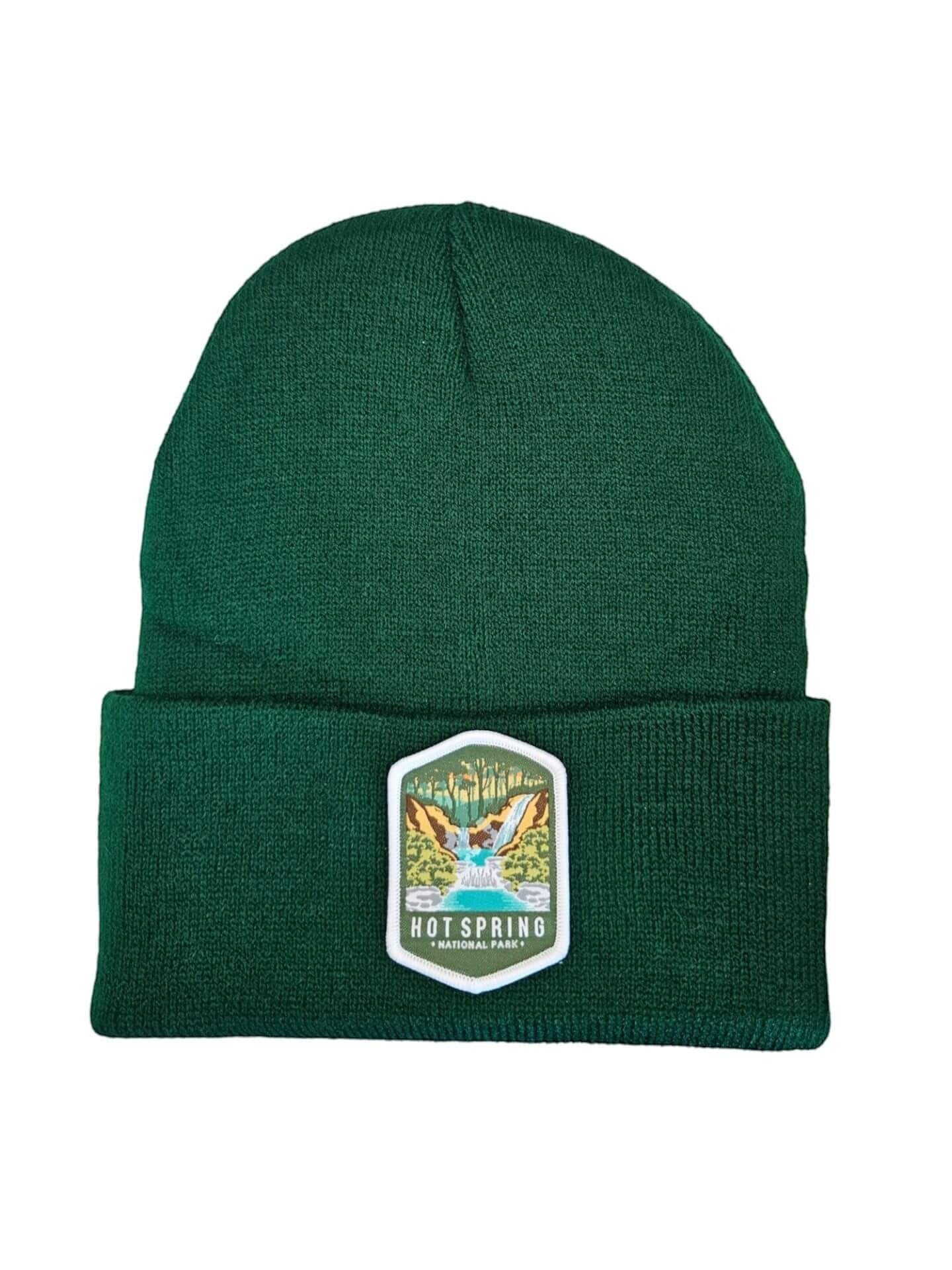 Moove Headwear dark green acrylic rib-knit beanie with Hot Springs National Park embroidered patch.