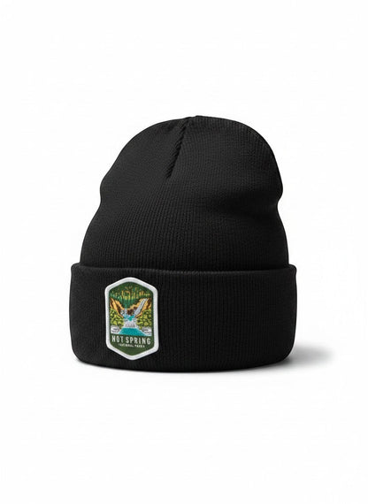 Moove Headwear charcoal grey acrylic rib-knit beanie with Hot Springs National Park embroidered patch.