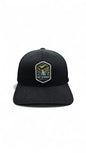 Moove Headwear black fitted baseball cap with Hot Springs National Park embroidered patch featuring a waterfall and trees.
