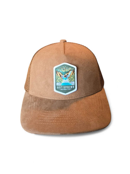 Moove Headwear brown suede 5-panel baseball cap with mesh back and Hot Springs National Park patch.