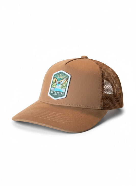 Moove Headwear brown suede 5-panel baseball cap with mesh back and Hot Springs National Park patch.