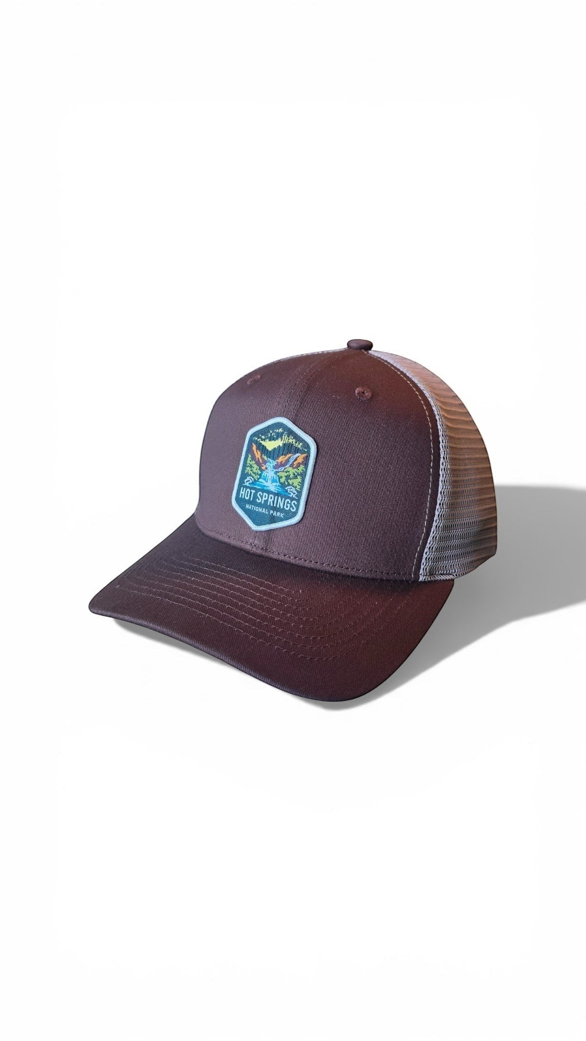 Moove Headwear brown trucker hat with mesh back and Hot Springs National Park patch