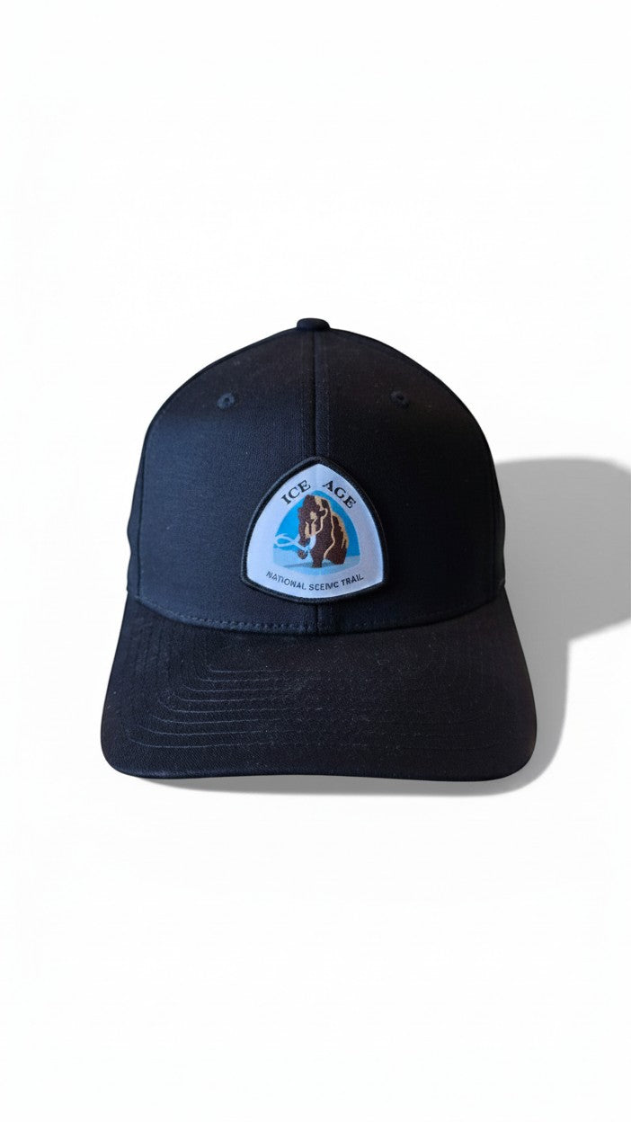 Moove Headwear black baseball cap with Ice Age National Scenic Trail patch featuring a mammoth.