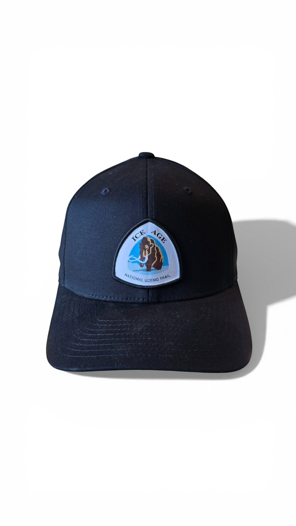 Moove Headwear black baseball cap with Ice Age National Scenic Trail patch featuring a mammoth.