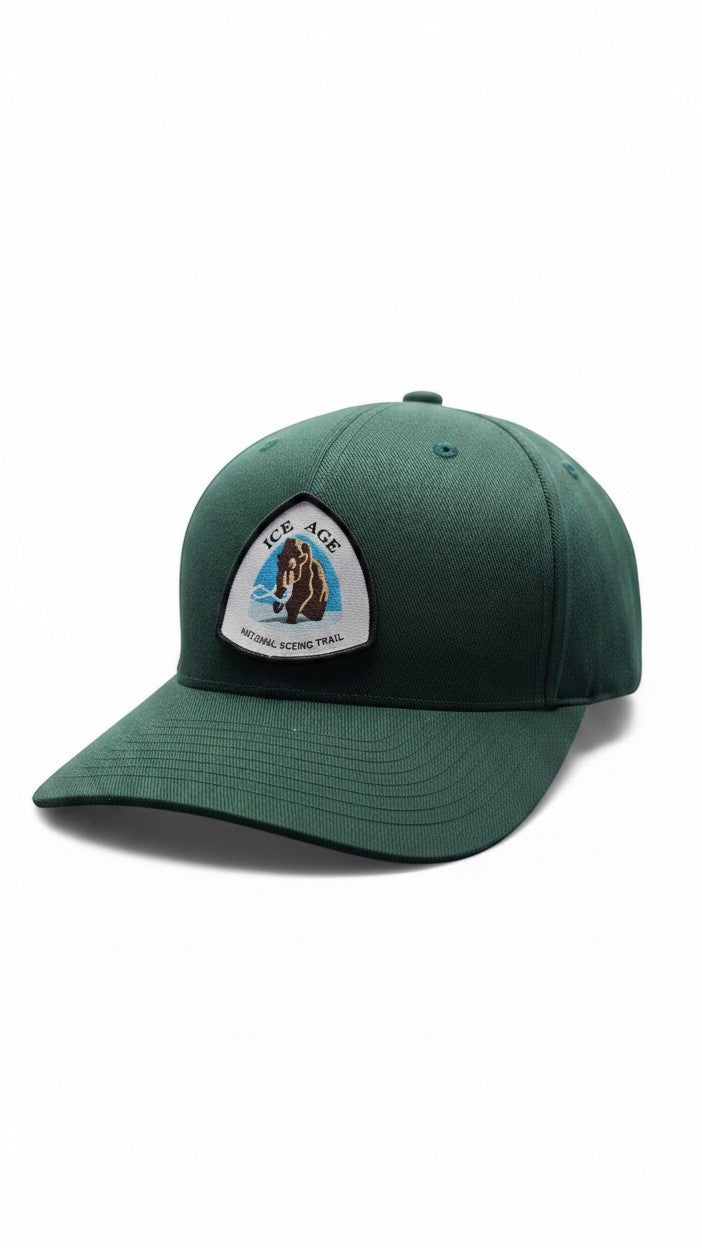 Moove Headwear dark green baseball cap with Ice Age National Scenic Trail patch, adjustable fit, UV protection.