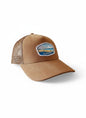 Moove Headwear brown suede trucker hat with mesh back and Indiana Dunes patch. Adjustable snap closure.
