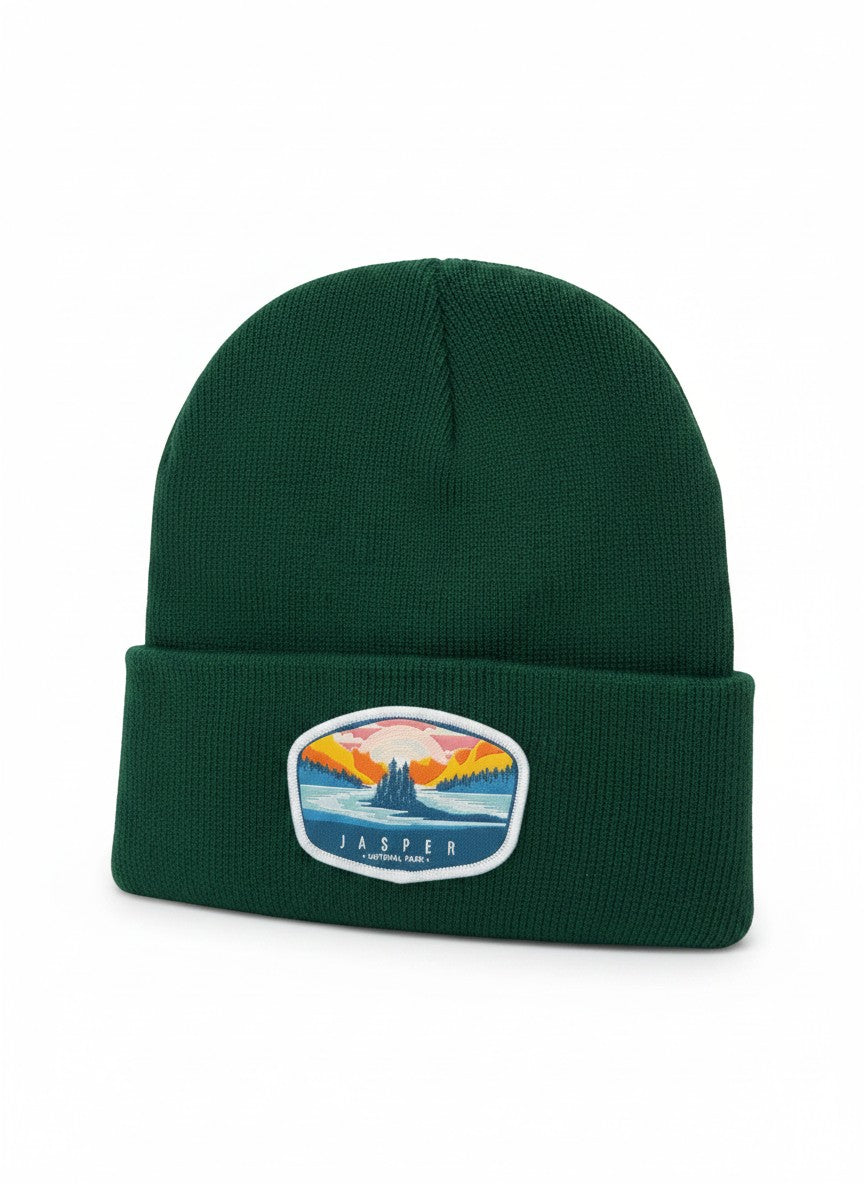 Moove Headwear dark green acrylic knit beanie with embroidered Jasper National Park patch