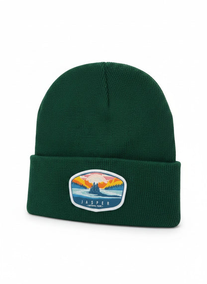 Moove Headwear dark green acrylic knit beanie with embroidered Jasper National Park patch
