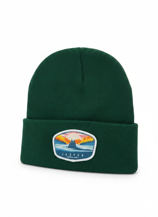 Moove Headwear dark green acrylic knit beanie with embroidered Jasper National Park patch