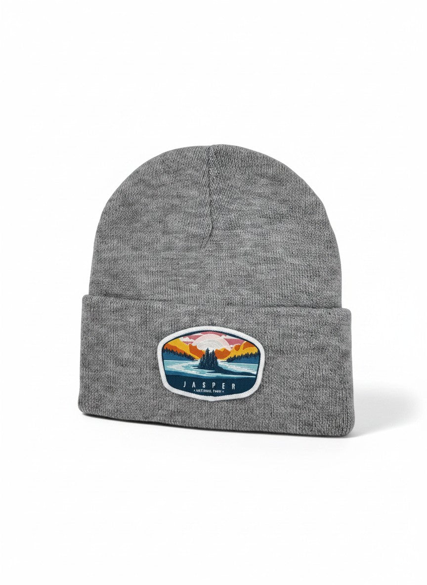 Moove Headwear grey acrylic knit beanie with embroidered Jasper National Park landscape patch.