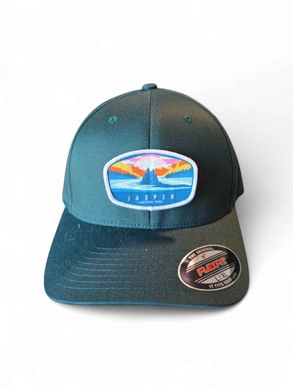 Moove Headwear teal Jasper National Park Flexfit hat with embroidered mountain lake patch. Structured mid-profile crown.