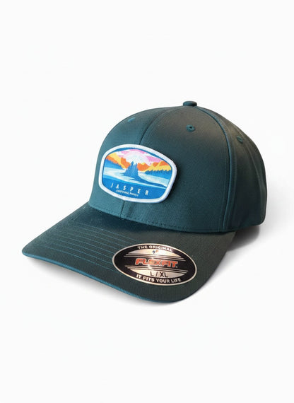 Moove Headwear teal Flexfit hat with embroidered Jasper National Park mountain lake patch. Structured mid-profile.