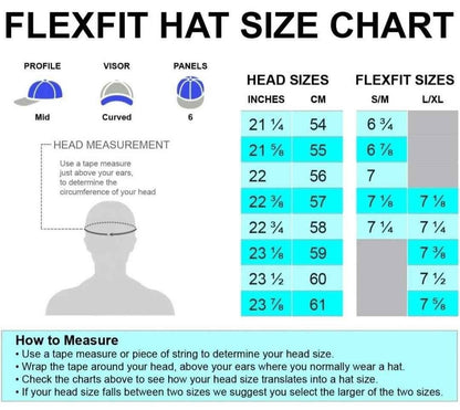 Moove Headwear John Muir Trail JMT embroidered patch hiking cap size chart with head measurements and Flexfit sizes.