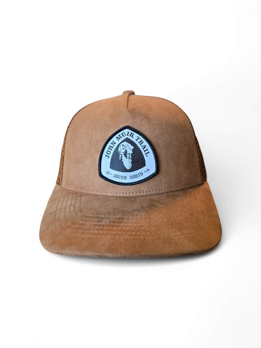 Moove Headwear John Muir Trail suede mesh snapback hat in tan with adjustable closure and embroidered patch.