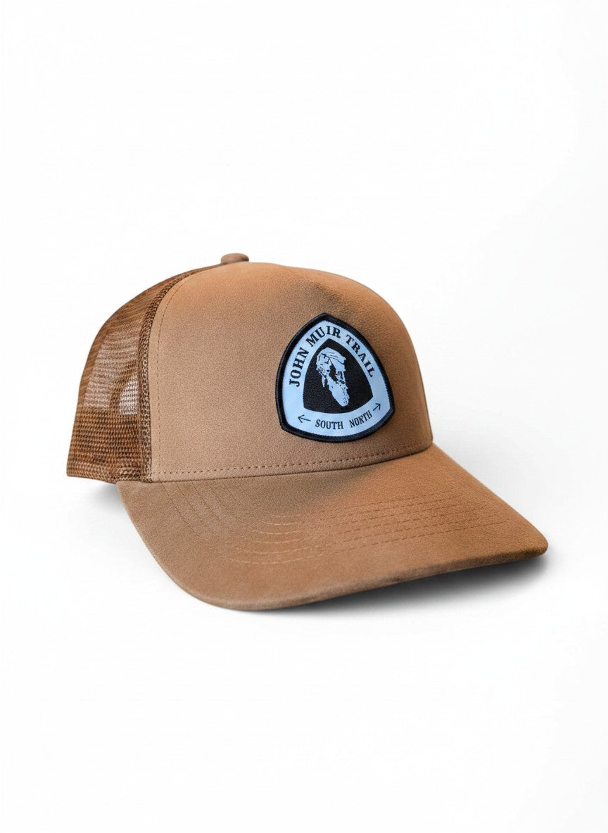 Moove Headwear John Muir Trail suede snapback hat with breathable mesh panels and adjustable closure.