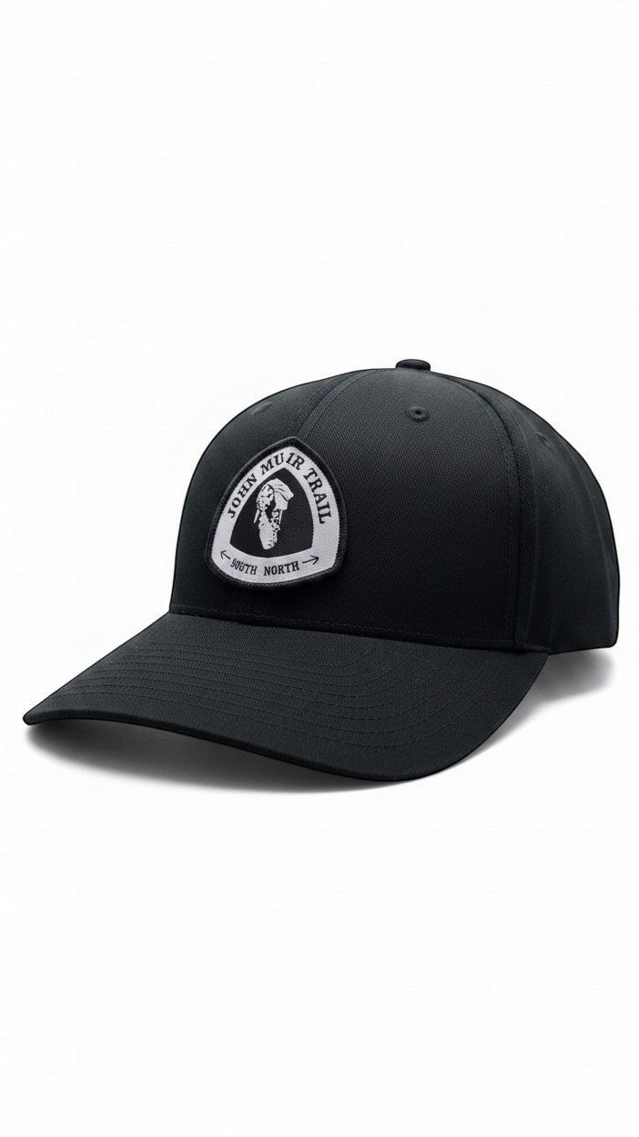 Moove Headwear black baseball cap with embroidered John Muir Trail patch, adjustable strap, breathable fabric for hiking.