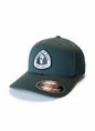 Moove Headwear dark green baseball cap with embroidered John Muir Trail patch and Flexfit label.