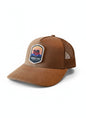 Moove Headwear brown suede trucker hat with Joshua Tree National Park graphic patch and mesh back.