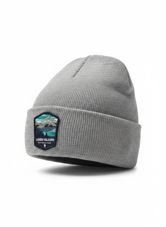 Moove Headwear grey acrylic rib-knit beanie with Lassen Volcanic National Park embroidered patch.