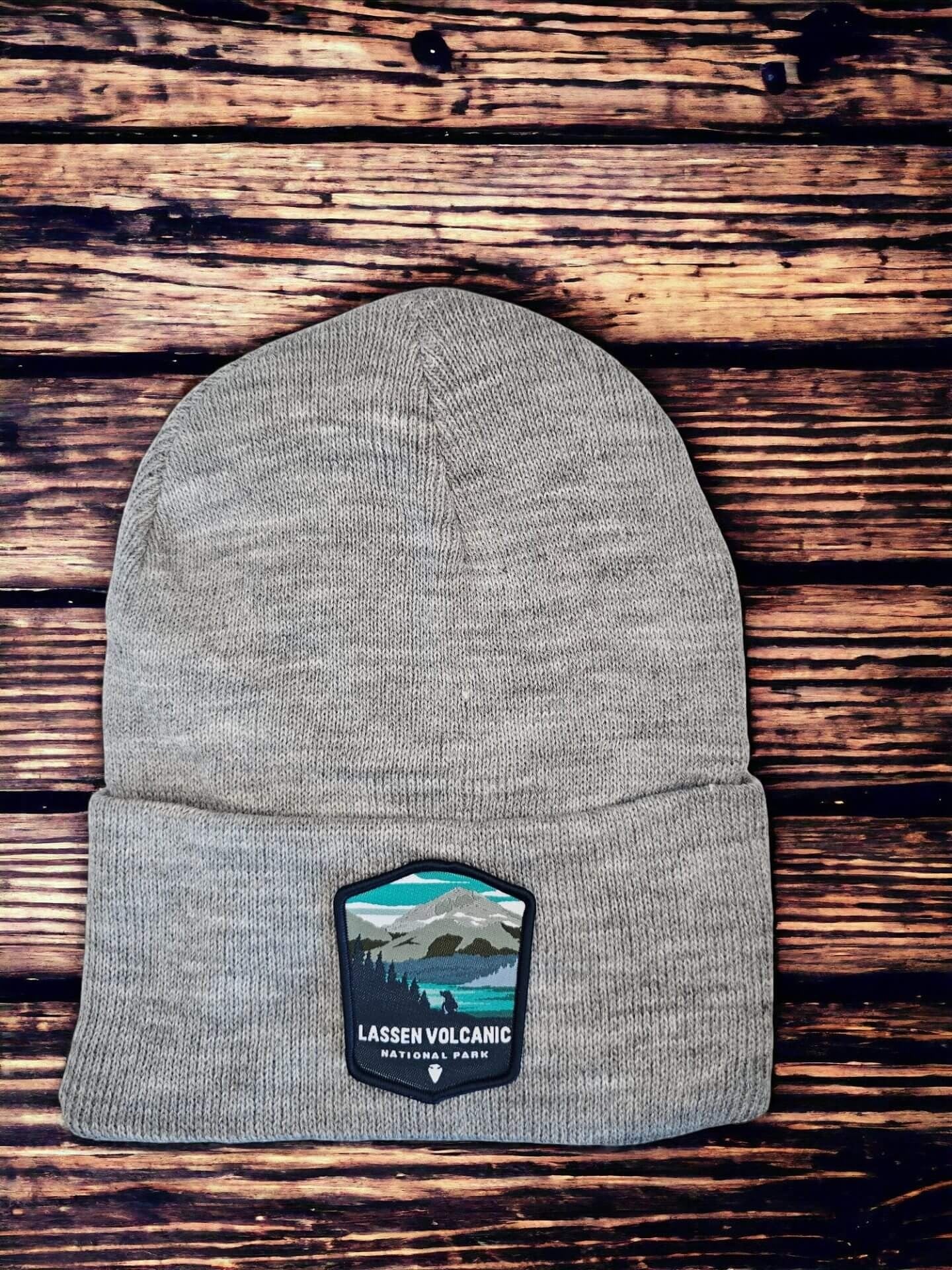 Moove Headwear grey acrylic rib-knit beanie with Lassen Volcanic National Park embroidered patch.