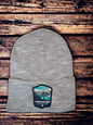 Moove Headwear grey acrylic rib-knit beanie with Lassen Volcanic National Park embroidered patch.