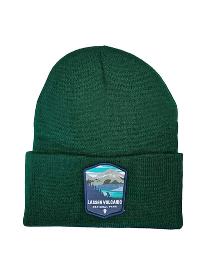 Moove Headwear dark green acrylic rib-knit beanie with Lassen Volcanic National Park embroidered patch.