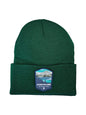 Moove Headwear dark green acrylic rib-knit beanie with Lassen Volcanic National Park embroidered patch.