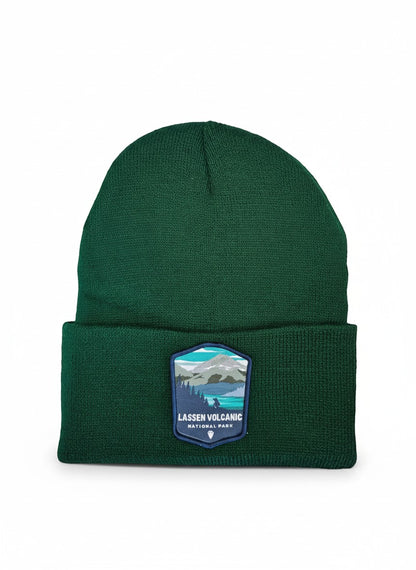 Moove Headwear dark green acrylic rib-knit beanie with Lassen Volcanic National Park embroidered patch.