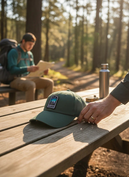 Moove Headwear dark green cotton baseball cap with Mammoth Cave National Park patch, adjustable dad hat style.