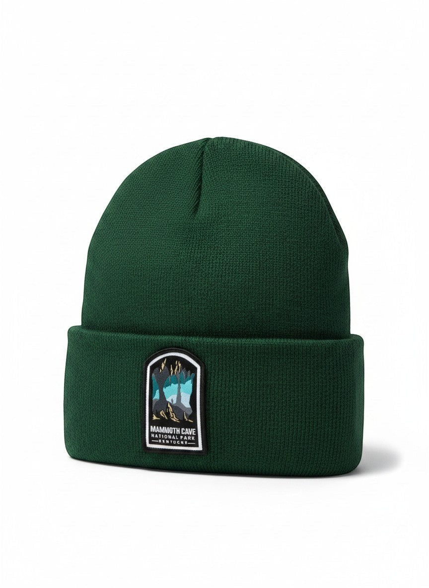 Moove Headwear dark green acrylic rib-knit beanie with Mammoth Cave National Park woven patch.
