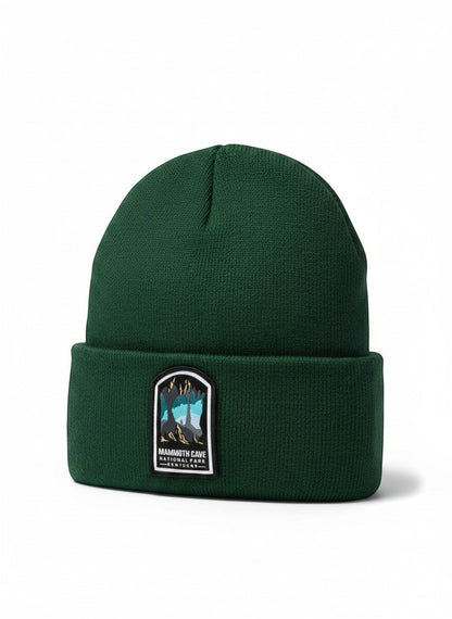 Moove Headwear dark green acrylic rib-knit beanie with Mammoth Cave National Park woven patch.