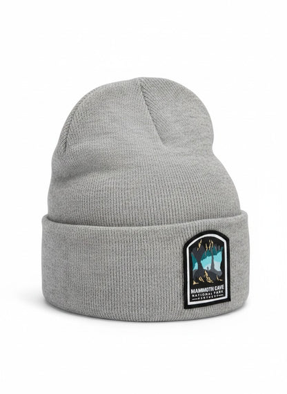Moove Headwear grey acrylic rib-knit beanie with Mammoth Cave National Park patch. One size fits all.