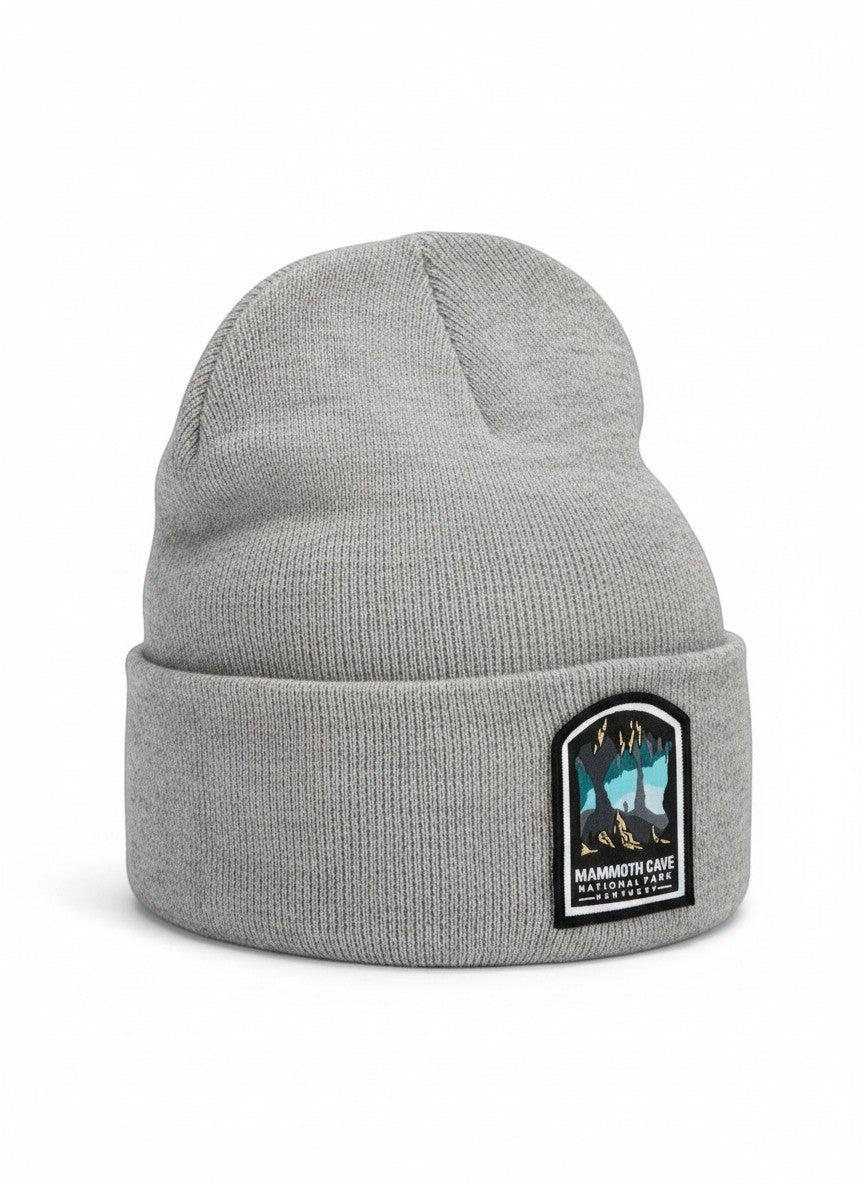 Moove Headwear grey acrylic rib-knit beanie with Mammoth Cave National Park patch. One size fits all.