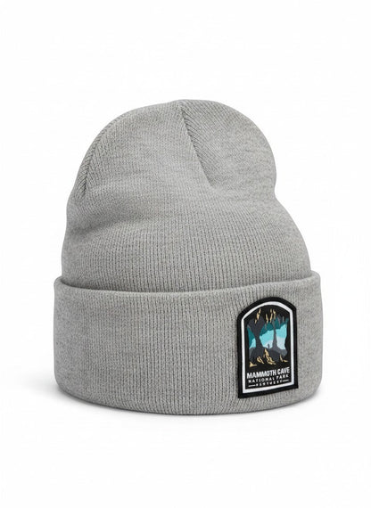 Moove Headwear grey acrylic rib-knit beanie with Mammoth Cave National Park patch. One size fits all.