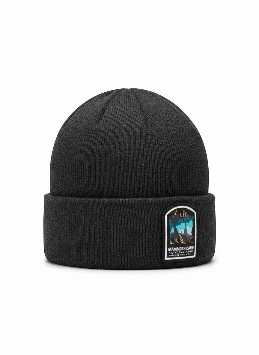 Moove Headwear dark grey acrylic rib-knit beanie with Mammoth Cave National Park Kentucky woven patch.
