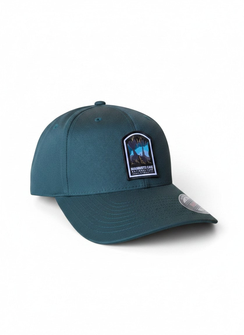 Moove Headwear dark teal embroidered hat featuring a woven patch of Mammoth Cave National Park, Kentucky.