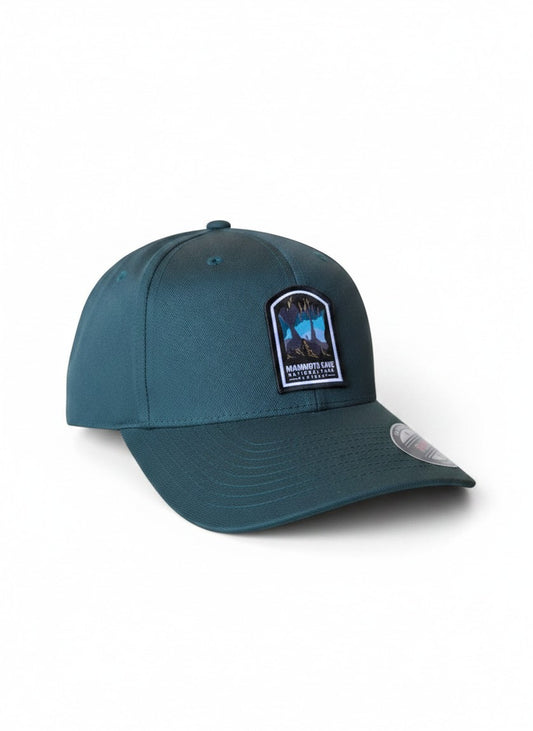 Moove Headwear dark teal embroidered hat featuring a woven patch of Mammoth Cave National Park, Kentucky.