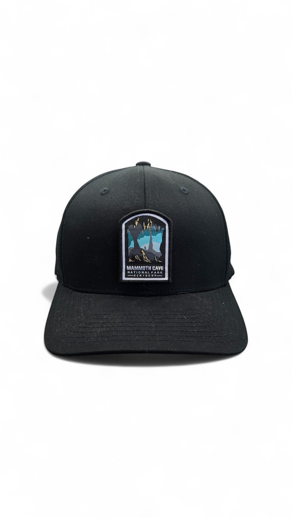 Moove Headwear black baseball cap with embroidered Mammoth Cave National Park patch featuring cave formations and text.