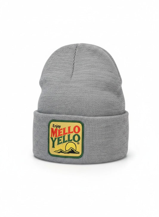 Moove Headwear grey knit beanie with a vintage Mello Yello logo patch on the front.