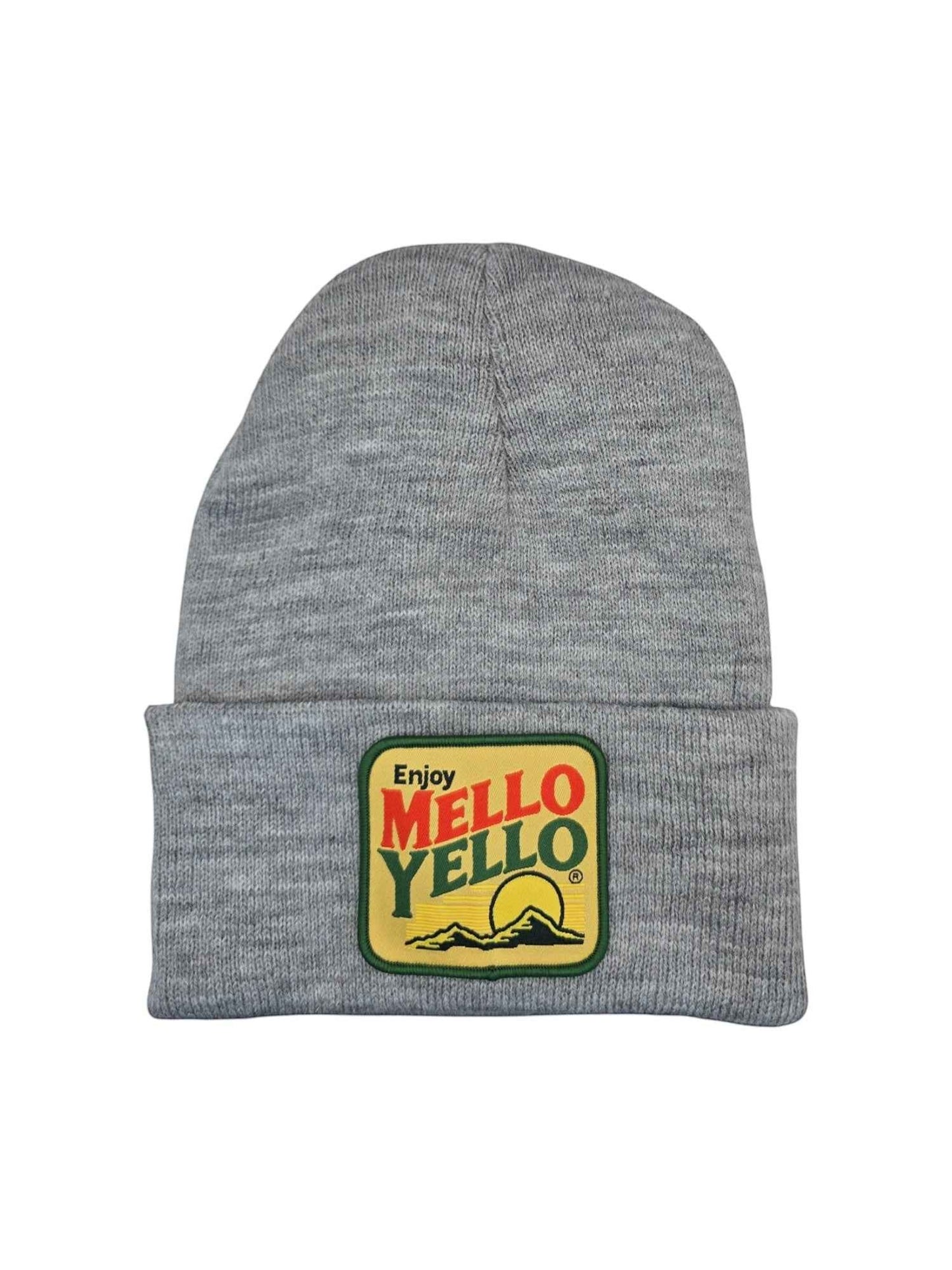 Moove Headwear grey knit beanie with a vintage Mello Yello logo patch. Features a classic ribbed design.