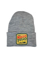 Moove Headwear grey knit beanie with a vintage Mello Yello logo patch. Features a classic ribbed design.