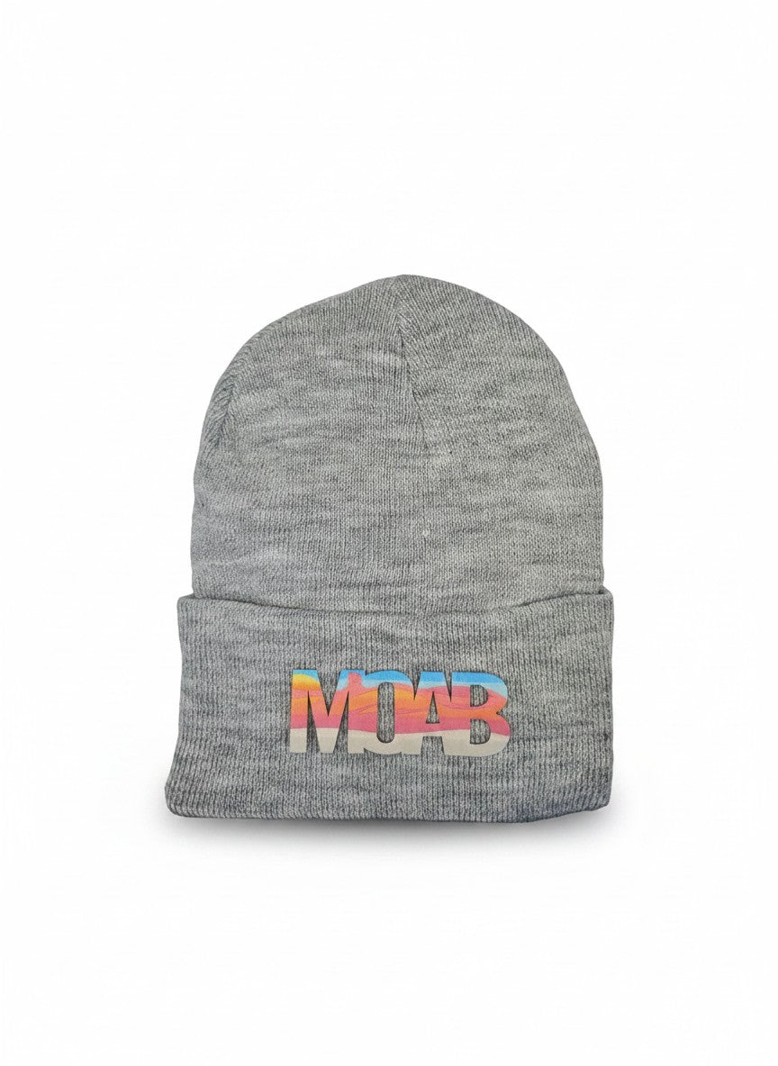 Moove Headwear grey acrylic knit beanie with colorful "MOAB" sunset patch. One size fits all.