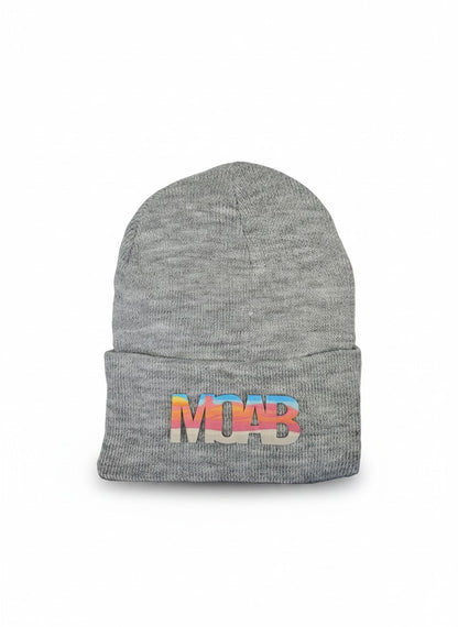 Moove Headwear grey acrylic knit beanie with colorful "MOAB" sunset patch. One size fits all.