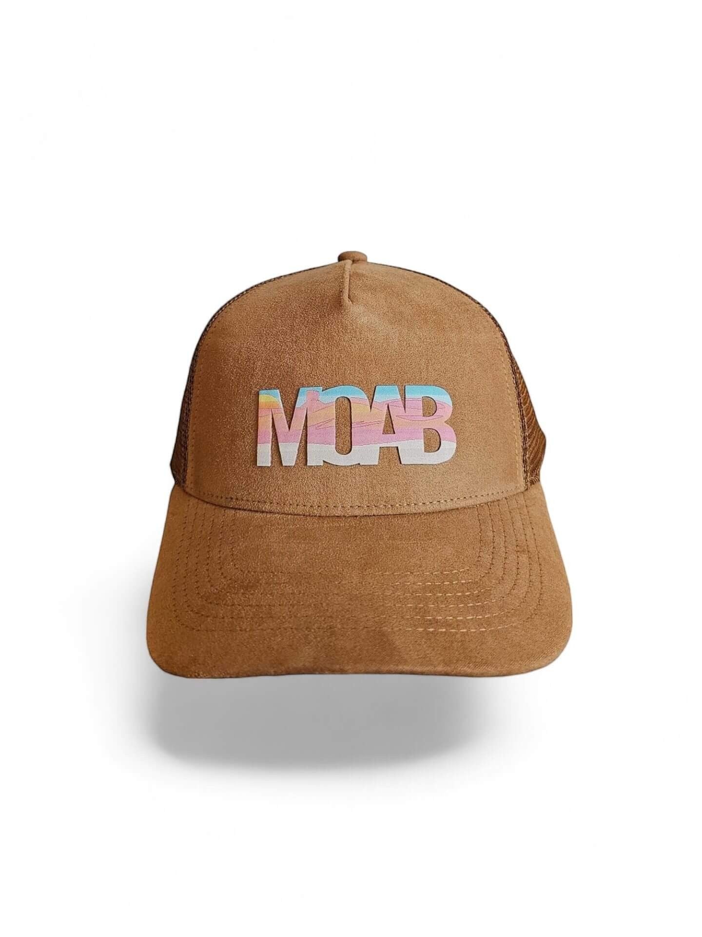 Moove Headwear brown suede trucker hat with colorful MOAB graphic and mesh back, perfect for hiking.