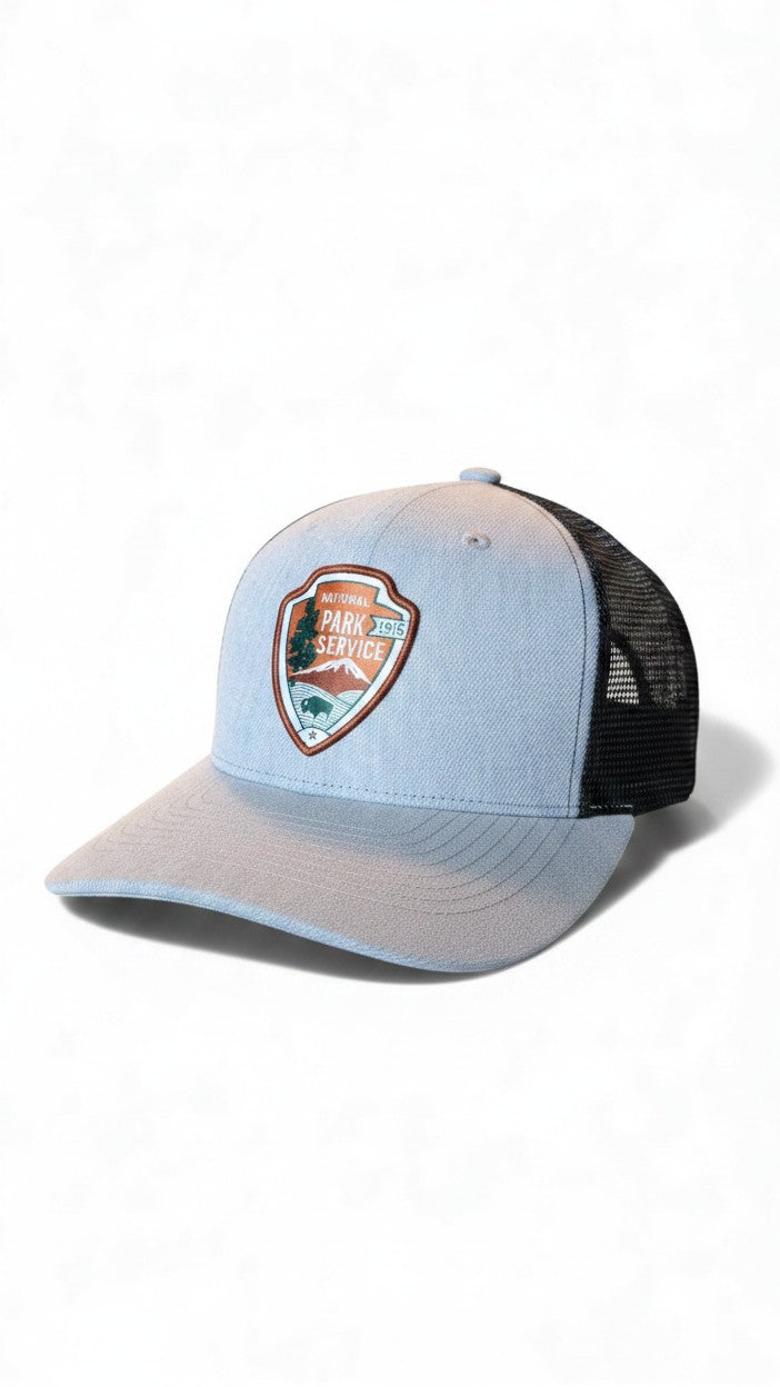 Moove Headwear National Park Service snapback hat with embroidered patch, light grey front and black mesh back.